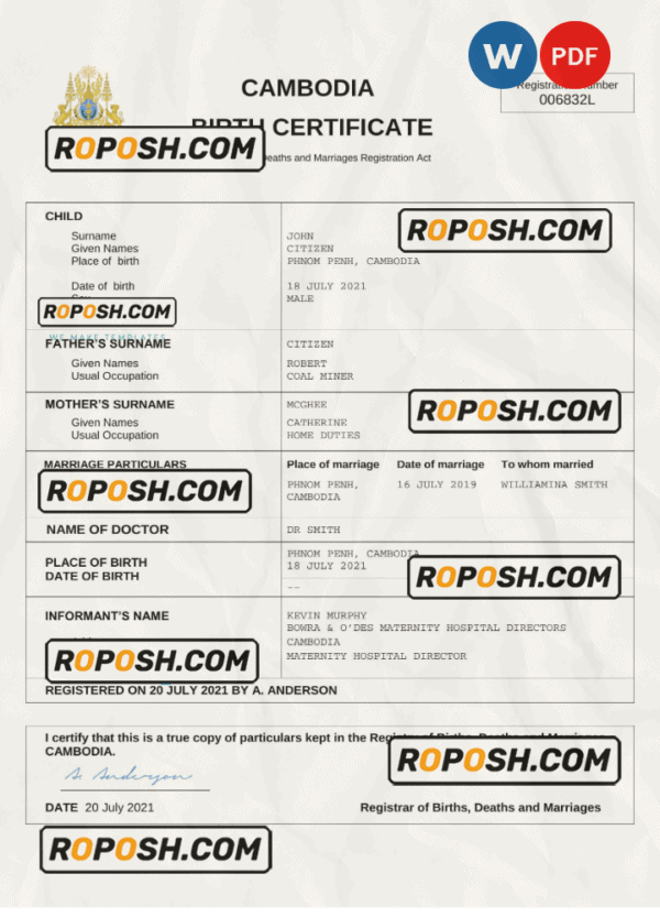 Cambodia birth certificate Word and PDF template, completely editable