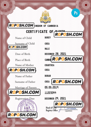 Cambodia birth certificate PSD template, completely editable