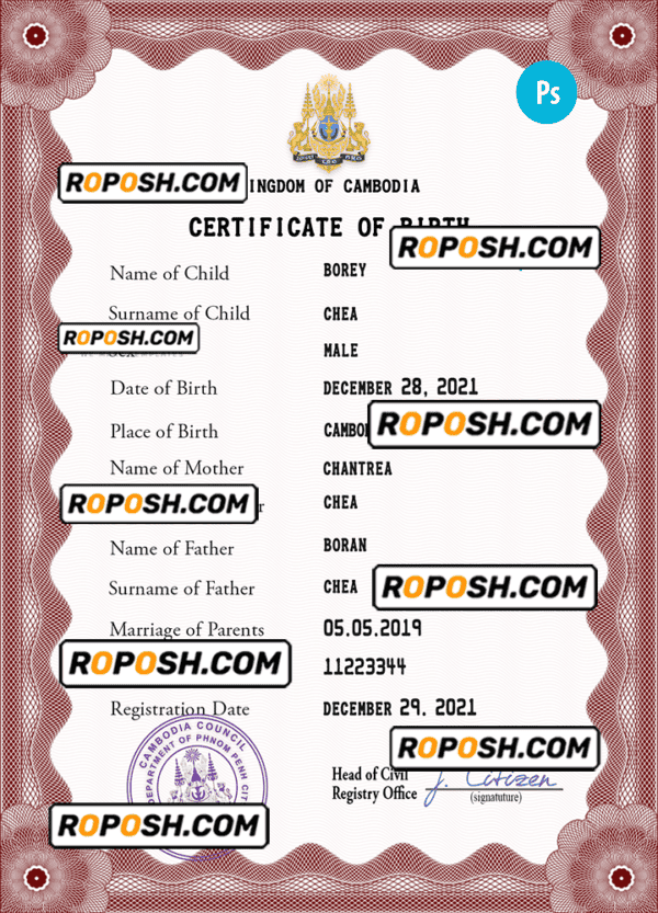 Cambodia birth certificate PSD template, completely editable
