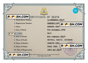 Cambodia vital record death certificate PSD template