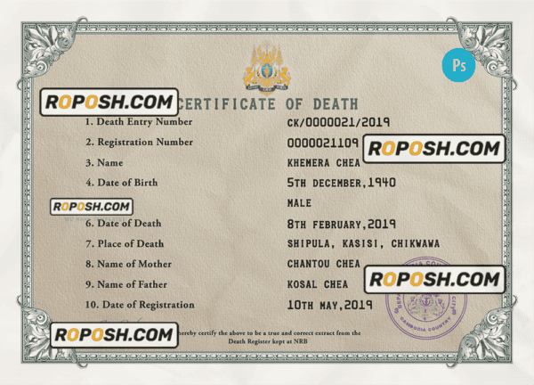 Cambodia vital record death certificate PSD template