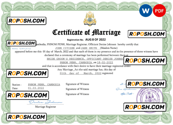 Cambodia marriage certificate Word and PDF template, fully editable