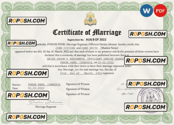 Cambodia marriage certificate Word and PDF template, fully editable