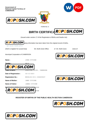 Cameroon vital record birth certificate Word and PDF template, completely editable