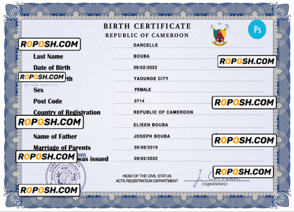 Cameroon vital record birth certificate PSD template