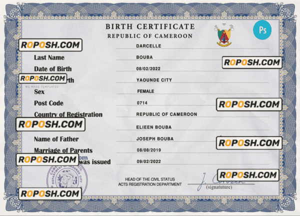Cameroon vital record birth certificate PSD template