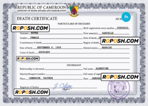 Cameroon death certificate PSD template, completely editable