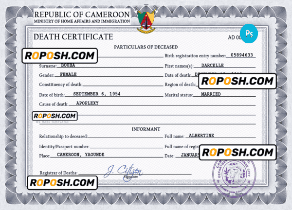 Cameroon death certificate PSD template, completely editable