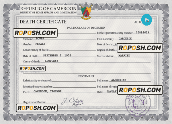 Cameroon death certificate PSD template, completely editable
