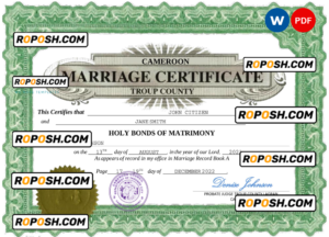 Cameroon marriage certificate Word and PDF template, completely editable
