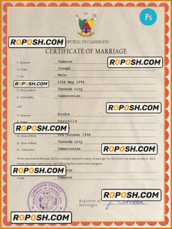 Cameroon marriage certificate PSD template, completely editable scan effect