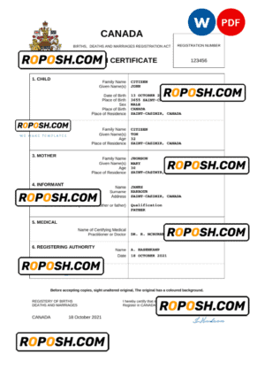 Canada birth certificate Word and PDF template, completely editable