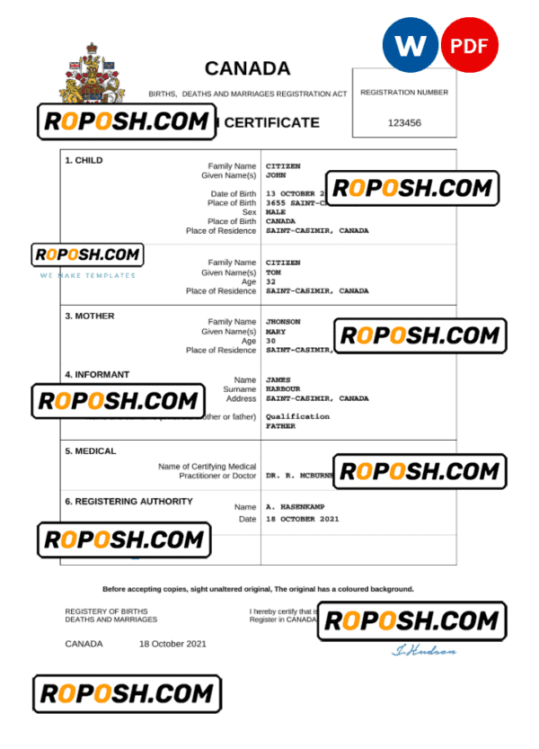 Canada birth certificate Word and PDF template, completely editable