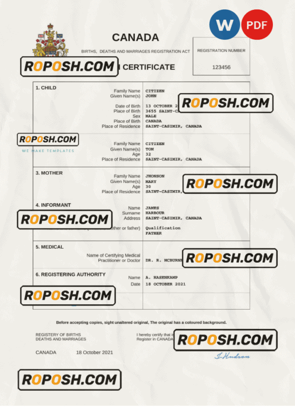 Canada birth certificate Word and PDF template, completely editable