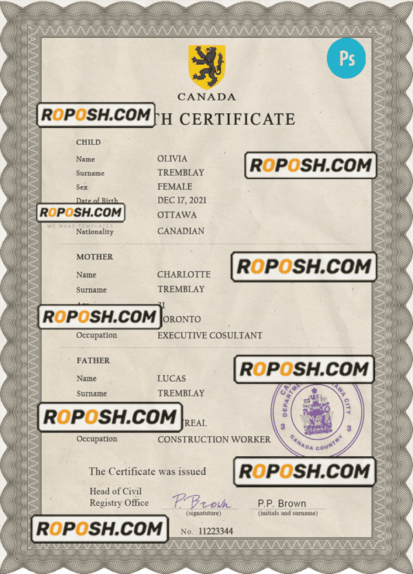 Canada vital record birth certificate PSD template, completely editable