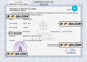 Canada vital record death certificate PSD template, fully editable