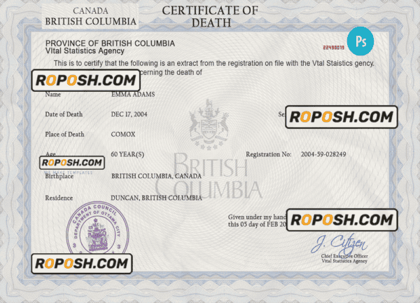 Canada vital record death certificate PSD template, fully editable
