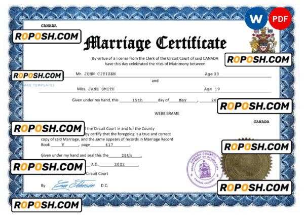 Canada marriage certificate Word and PDF template, fully editable