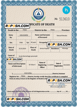 Cabo Verde death certificate PSD template, completely editable