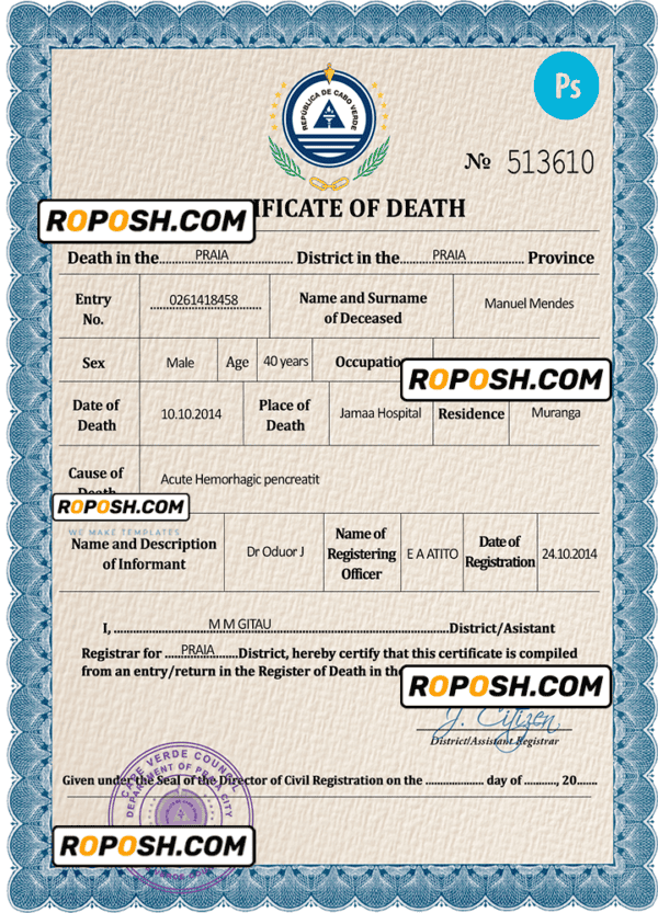Cabo Verde death certificate PSD template, completely editable