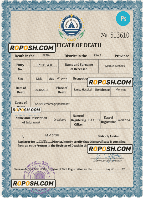 Cabo Verde death certificate PSD template, completely editable