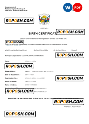 Central African Republic vital record birth certificate Word and PDF template, completely editable