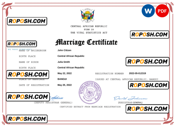 Central African Republic marriage certificate Word and PDF template, completely editable