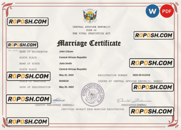 Central African Republic marriage certificate Word and PDF template, completely editable