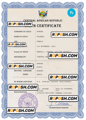 Central African Republic birth certificate PSD template, completely editable