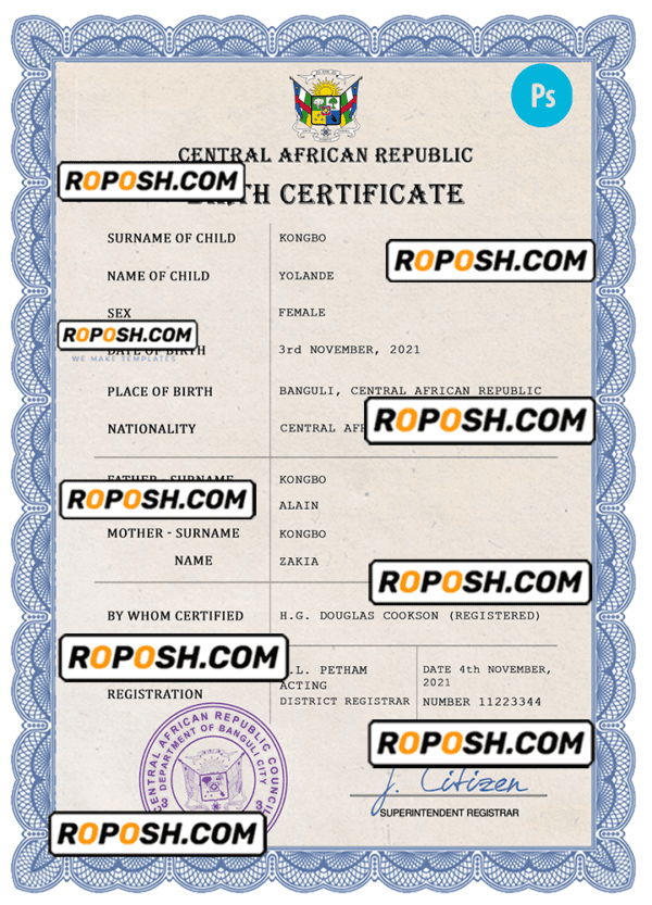 Central African Republic birth certificate PSD template, completely editable