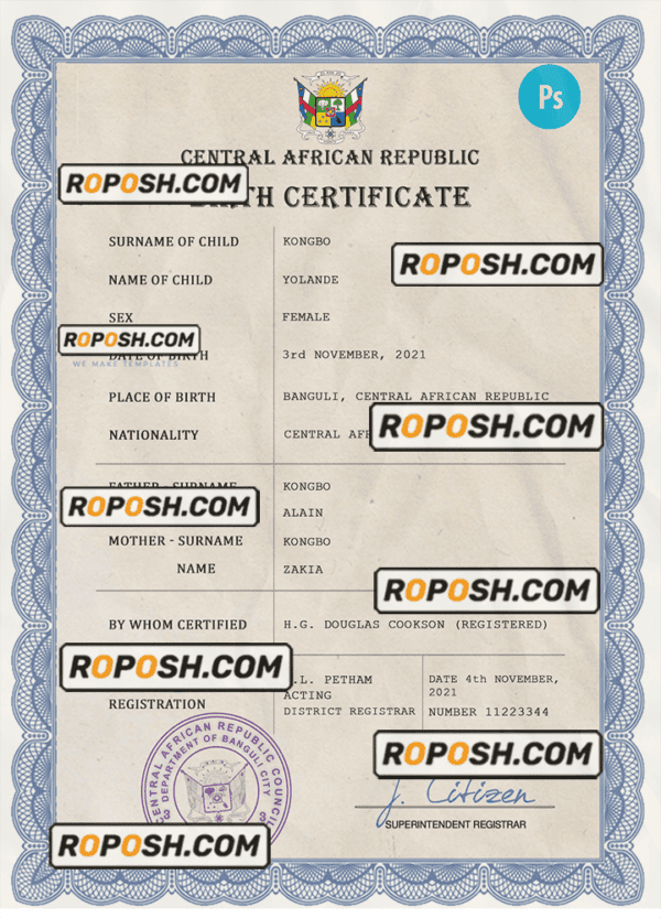 Central African Republic birth certificate PSD template, completely editable