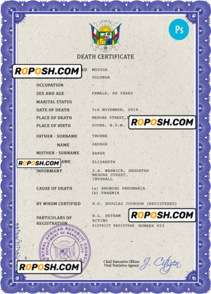 Central African Republic death certificate PSD template, completely editable