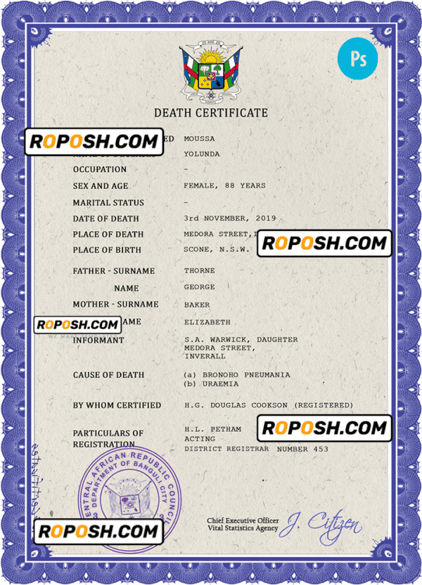 Central African Republic death certificate PSD template, completely editable