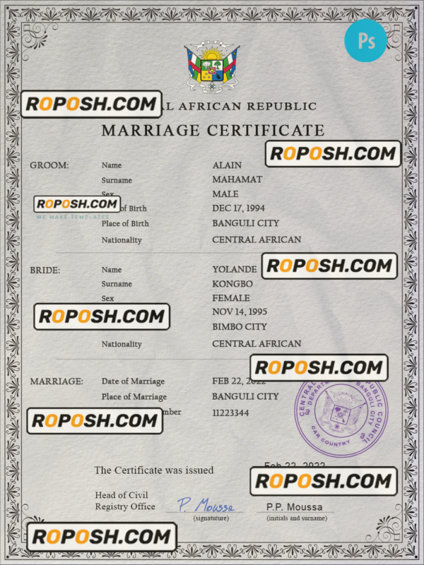 Central African Republic marriage certificate PSD template, completely editable scan effect