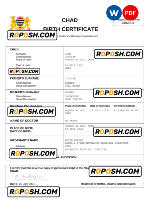 Chad birth certificate Word and PDF template, completely editable