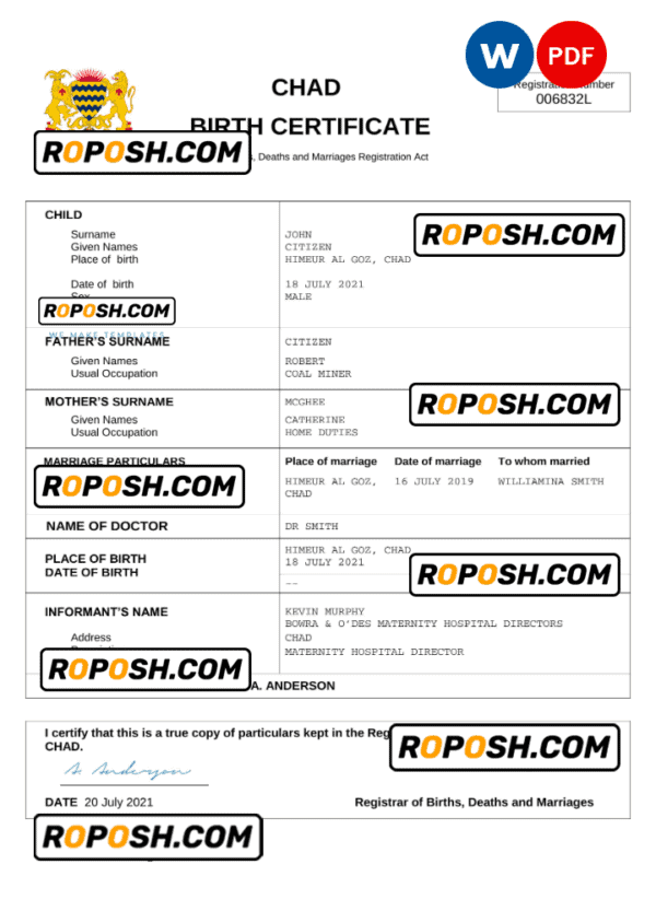 Chad birth certificate Word and PDF template, completely editable