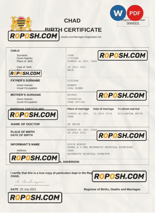 Chad birth certificate Word and PDF template, completely editable
