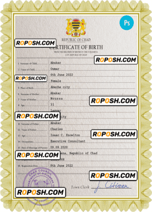 Chad vital record birth certificate PSD template, fully editable