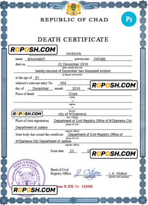 Chad vital record death certificate PSD template, completely editable