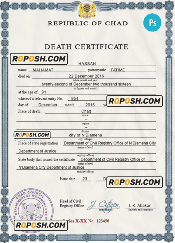 Chad vital record death certificate PSD template, completely editable