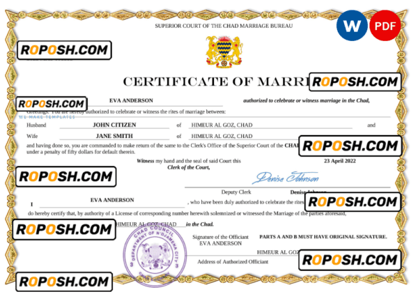 Chad marriage certificate Word and PDF template, completely editable