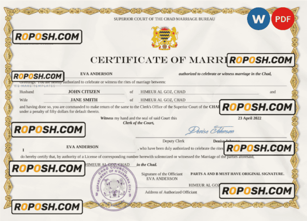 Chad marriage certificate Word and PDF template, completely editable