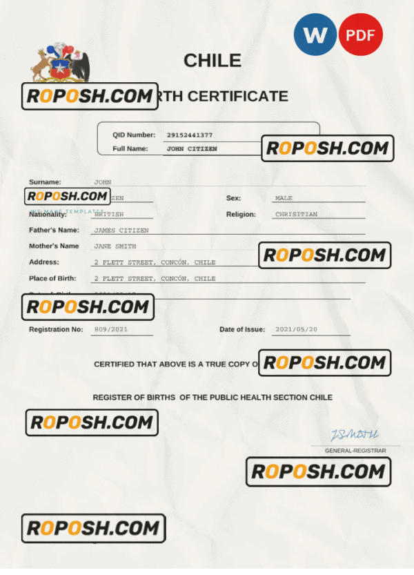 Chile vital record birth certificate Word and PDF template, completely editable