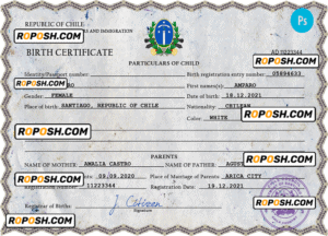 Chile vital record birth certificate PSD template