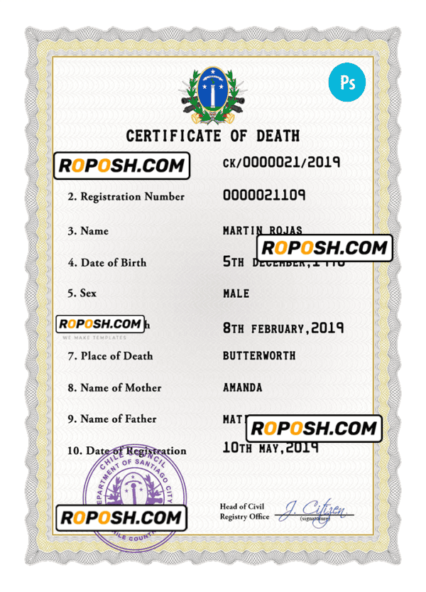 Chile vital record death certificate PSD template