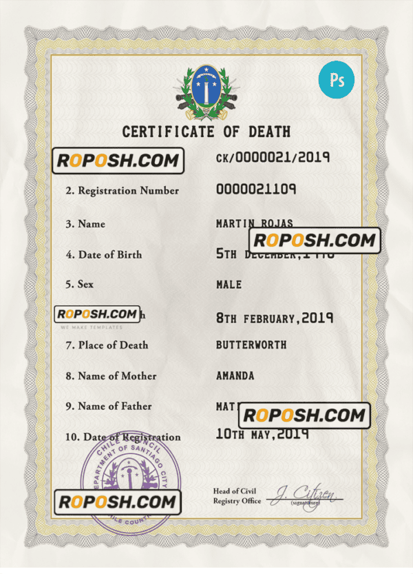 Chile vital record death certificate PSD template