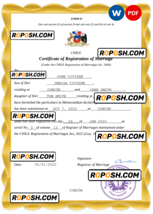 Chile marriage certificate Word and PDF template, fully editable