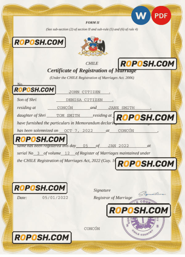 Chile marriage certificate Word and PDF template, fully editable