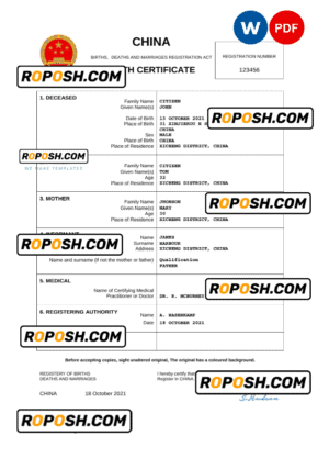 China birth certificate Word and PDF template, completely editable