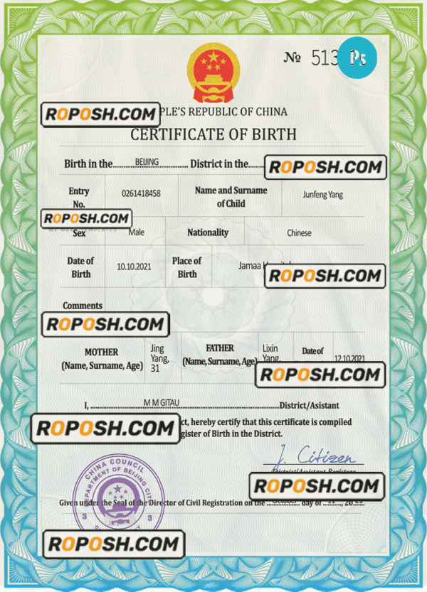 China vital record birth certificate PSD template, completely editable